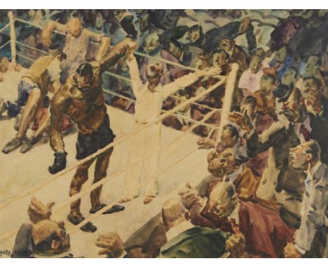 Walt S. (Walter) Louderbeck (American, 1887-1941). Watercolor on paper painting titled "Knockout" depicting the moments after