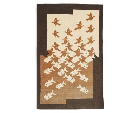 Wool tapestry depicting "Sky and Water II" after Maurits Cornelis "M.C." Escher (Dutch, 1898-1972). Depicting a pattern of fi