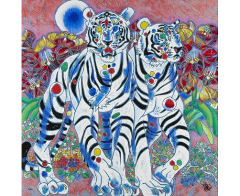 Tiefeng Jiang (Chinese, b. 1938). Serigraph on canvas titled "White Tigers" depicting two white Bengel tigers striding throug