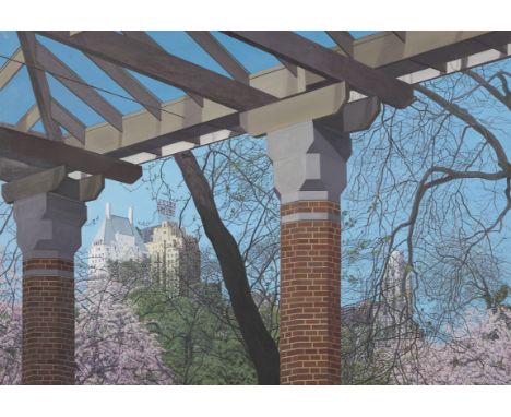Cecile Gray Bazelon (American, 1927-2023). Oil on canvas painting titled "Zoo Vista" depicting a view from under a pergola to