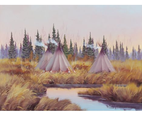 Ron Bailey (American, 1943-1984). Oil on board painting titled "Three Teepees" depicting a western prairie landscape with thr