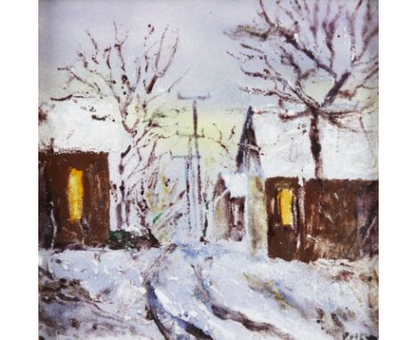 Daphne Keskinis (French/American, 20th/21st c). Enamel on copper painting titled "Flagstaff Winter" depicting a snowy city st
