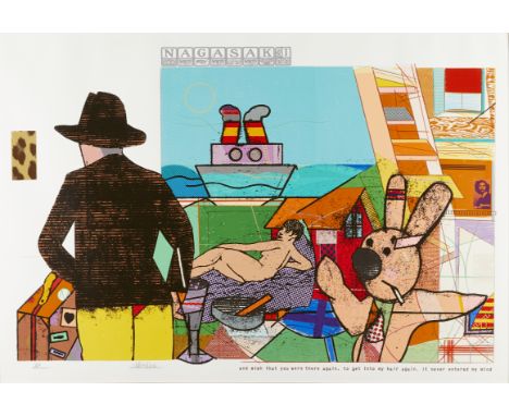Richard Merkin (American, 1938-2009). Lithograph titled "Nagasaki" depicting a colorful abstract collection of scenes includi