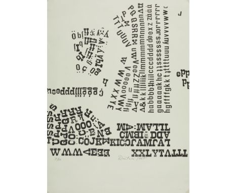 Lithograph on pale green paper in the style of Concrete Poetry, 1967. Illegibly signed and dated along the lower right; numbe