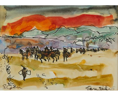 Elizabeth Cohen (Australian, b. 1973). Watercolor on paper painting titled "Tangiers" depicting a landscape with a crowd, mov
