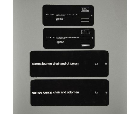 Two sets of vintage Eames lounge chair and ottoman tags.(Smaller tags, each) height: 3 in x width: 7 1/2 in. (Larger tags, ea