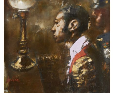 Jack Levine (American, 1915-2010). Oil on canvas painting titled "At the Precinct" depicting a man in side profile with a lam