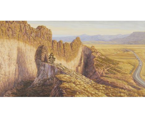 Chuck Forsman (American, b. 1944). Large oil on Masonite painting titled "Sanctuary" depicting a rocky mountain pass, 1985. S