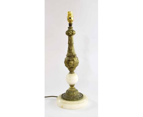 Decorative French style gilt metal and marble table lamp with shade, the base 15.5" high