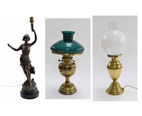 French patinated spelter table lamp of a young lady upon an entitled ebonised socle, 20" high; brass oil lamp with an opaque 