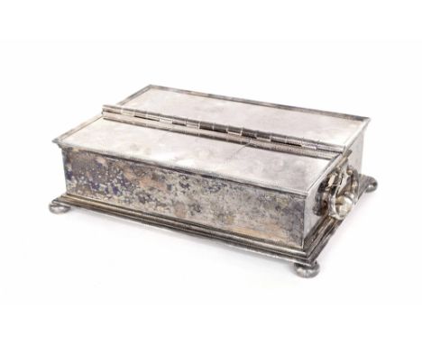 Silver plated rectangular desk stand, with double hinged lidded compartments, carry swing handles and bun corner feet, marked