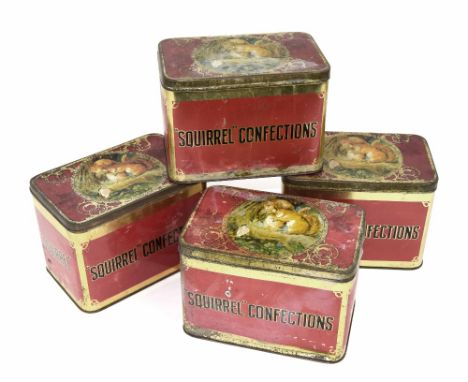 Four vintage branded "Squirrel Confections" tins, 6" high, 8.5" wide (4)