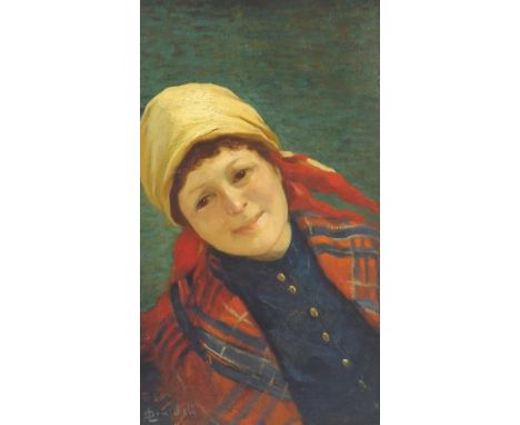 A* L* Peinidell (19th/20th century) - Portrait of a girl wearing a blue dress, a shawl and yellow head scarf, signed, oil on 