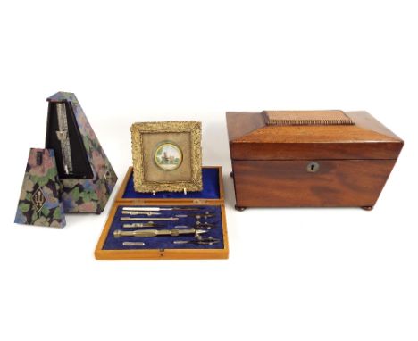 Victorian mahogany sarcophagus tea caddy, 11" wide; Wittner metronome, cased draughtsman's set and a framed miniature depicti