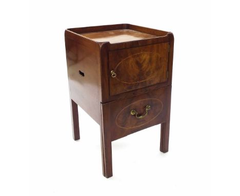 19th century mahogany square night commode, the galleried top over a single inlaid cupboard and pull-out commode drawer upon 