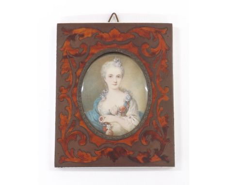 After Jean Honore Fragonard (20th century) - Portrait miniature of Madame Lenoirmont D'Etoiles Marquise de Pompadour, wearing