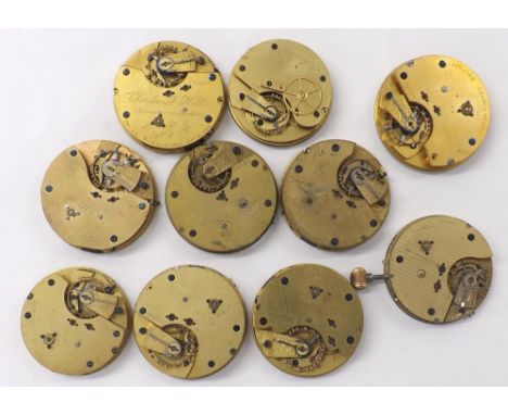 Ten lever pocket watch movements with dials for repair to include centre seconds chronograph movements; makers H. White, Char