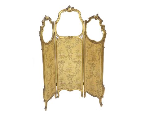 Rococo style French gilt and carved wood tri-fold draught screen, with inset bevelled glazed panels over fabric inserts, 70" 