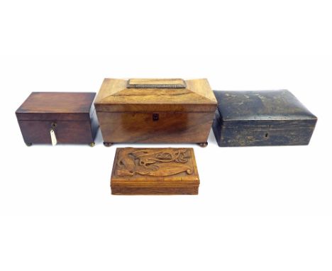 Victorian rosewood tea caddy, 6.5" high, 13" wide; together with a further tea caddy and two boxes with hinged lids, one carv