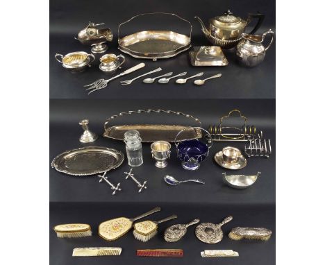 Assortment of silver plated items; also a silver single squat candlestick