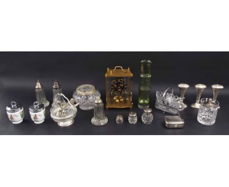 Selection of glassware, pair of Royal Worcester preserve pots with chrome plated covers, Kundo anniversary clock etc