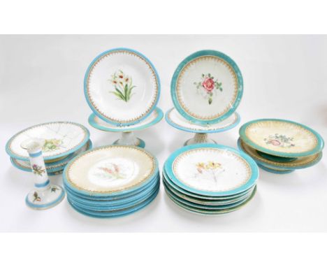 Worcester part dessert service painted with floral sprays within turquoise borders (some damages); together with a similar st