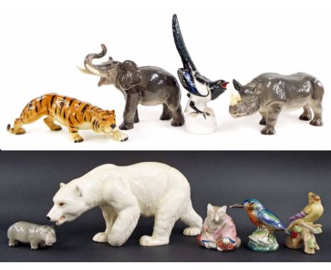 Melba Ware figure of an elephant and rhinoceros; Melba Ware figure of a polar bear, 8" high; together with other various pott