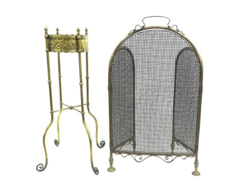 Polished repousse brass jardiniere stand; also a brass and mesh triptych folding spark fireguard, 28.8" high (2)