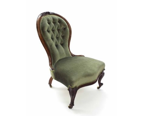 Victorian rosewood framed spoon back lady's salon chair, the carved foliate frame with green button-back velvet upholstery, s