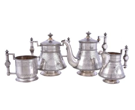 Ω A matched 19th century Russian silver four piece tea service, the tea pot and mug by Stephan Wakeva, St Petersburg 1892, as