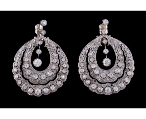  A pair of diamond earrings,   the open work hoops set with old brilliant cut diamonds and rose cut diamonds, approximately 6