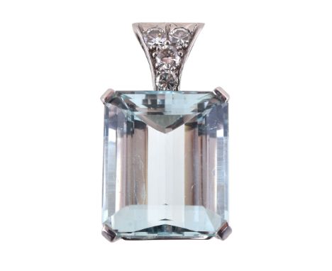 An aquamarine and diamond pendant  , the step cut aquamarine with canted corners claw set below a brilliant cut diamond set 