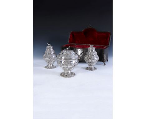  An early George III shagreen caddy box containing a pair of silver tea caddies and a sugar box by Samuel Taylor,   London 17
