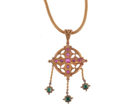  A Victorian Renaissance revival ruby and emerald pendant by John Brogden  ,  circa 1880, the pierced panel with a central cu