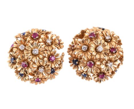  A pair of 1960s diamond, sapphire and ruby bombe flower head ear clips,   the dome of en tremblant flower heads each centred