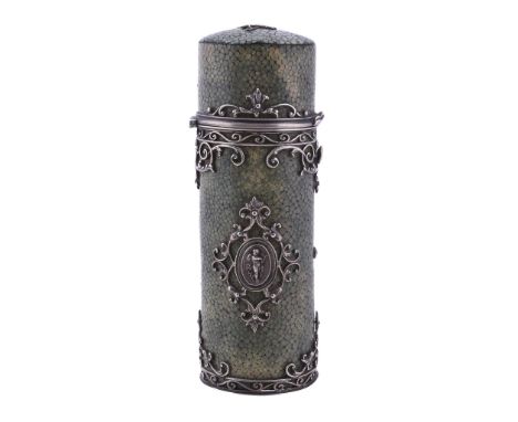  A silver mounted shagreen cylindrical etui case,   unmarked, probably Continental, circa 1900, with openwork scroll mounts a