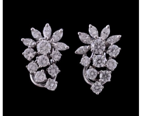  A pair of diamond cluster earrings,   set with brilliant cut and marquise cut diamonds, approximately 2.80 carats total, wit