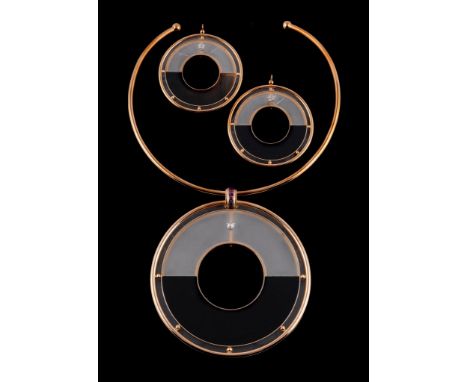  A 1960s agate and gem set necklace and pair of pendants by Soubrenie et Bois,   designed as a white chalcedony and black ony