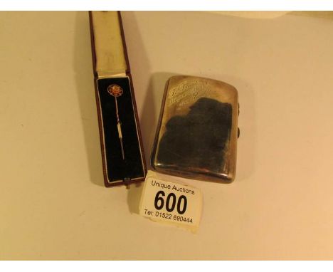 A Victorian gold stick pin and a silver cigarette case with Chester hall mark
