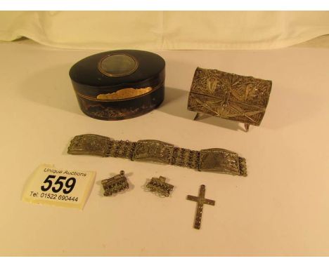 A 19th century snuff box a/f and a collection of white metal filigree items including pill box