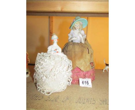 2 large Victorian pin cushion ladies complete with original pin cushions