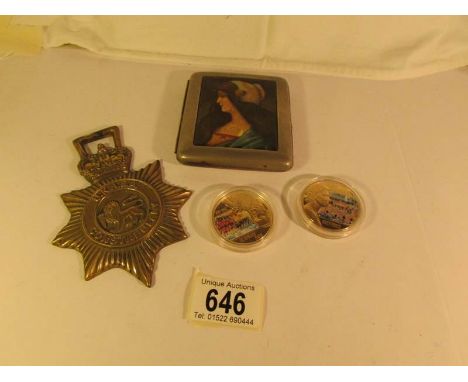 A UK Atomic Energy authority constabulary horse brass, 2 commemorative 24k gold plated coins and a lacquered portrait lidded 
