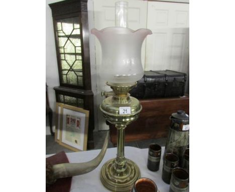 A Victorian brass Messenger column oil lamp with later shade