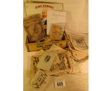 2 boxes containing a large quantity of heraldic prints, stamps, cigar bands and a 1964 cup final ticket