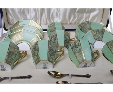 ROYAL DOULTON COFFEE SERVICEto comprise six cups and six saucers, together with six silver spoons, each of octagonal form, de