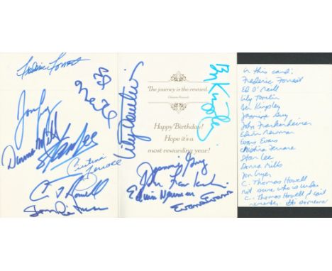 Actor Collection A birthday card, 10x7 inches (open), with fourteen signatures: Frederic Forrest, Ed O'Neill, Lily Tomlin, Be