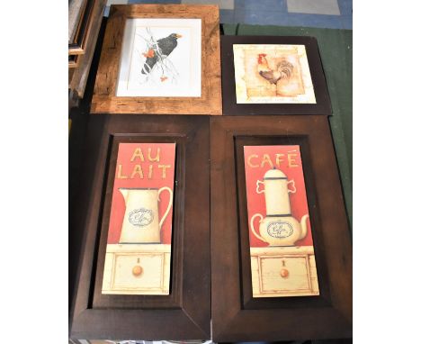 A Pair of Cafe Au Lait Wall hangings, Cockerel Teapot Stand and Blackbird Print 