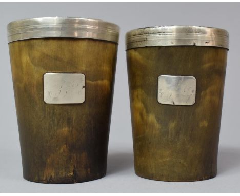 A Pair of 19th Century Silver Rimmed Scottish Horn Beakers with Original Tinned Copper Liners and Monogrammed Cartouches, C.1