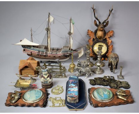 A Collection of Various Sundries to comprise Model f a Three Masted Ship, Various Silver Plated Candlesticks, Wall Barometer,