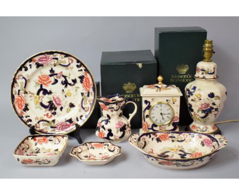 A Collection of Masons Mandalay China to comprise Jug, Two Hadnled Bowl, Plate, Mantel Clock, Table Lamp Etc 